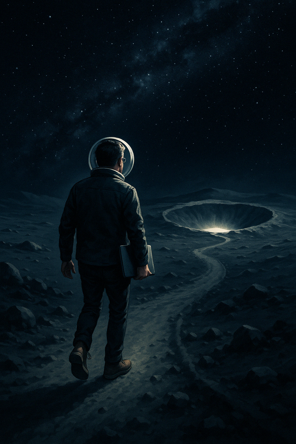 Atmospheric scene with person silhouette looking up at mysterious light