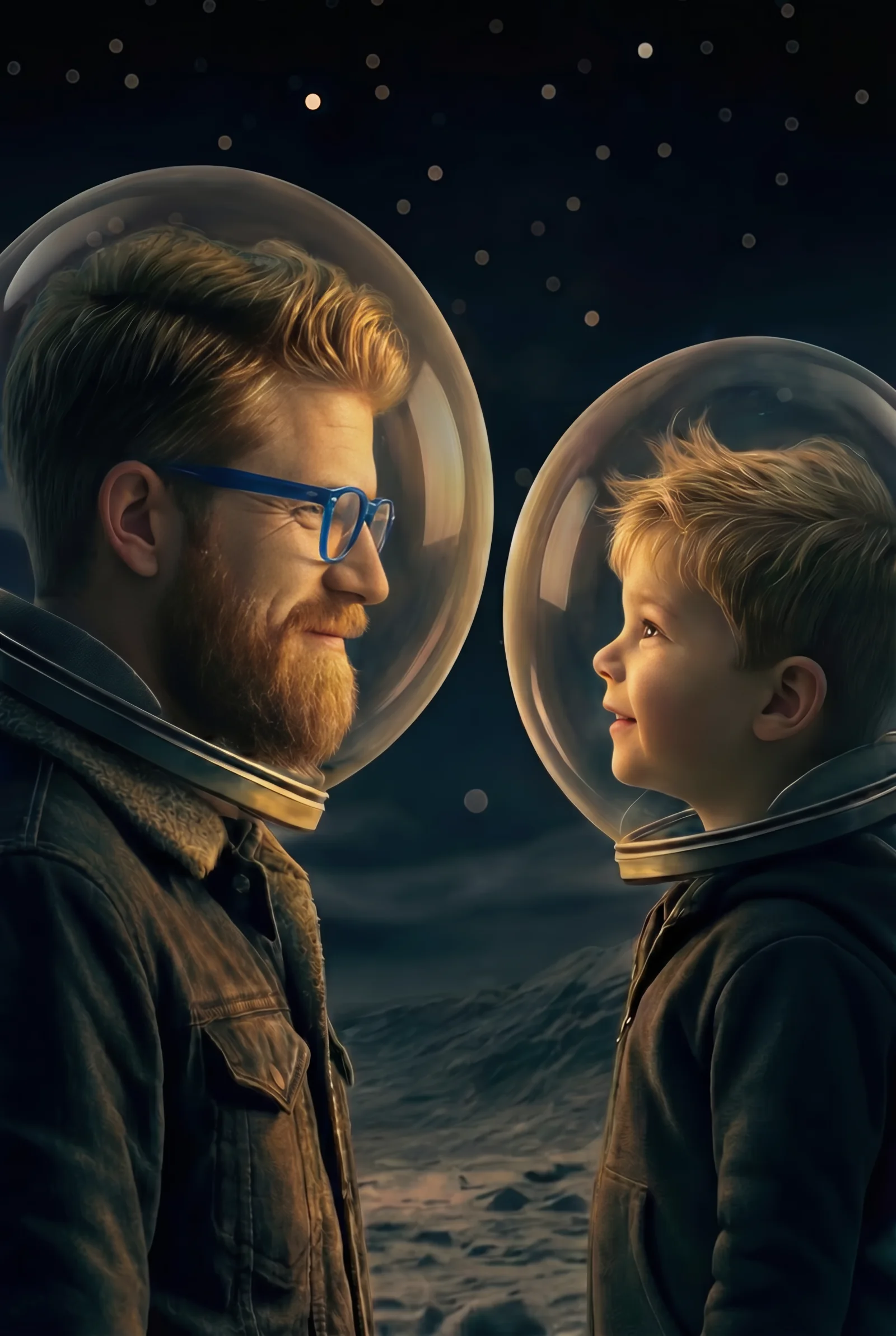Father and son in space helmets, face to face on a moonscape